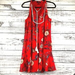 MISS‎ ME SIZE M RED SUMMER FLORAL MINI SLEEVELESS DRESS TASSELS FALL GUC